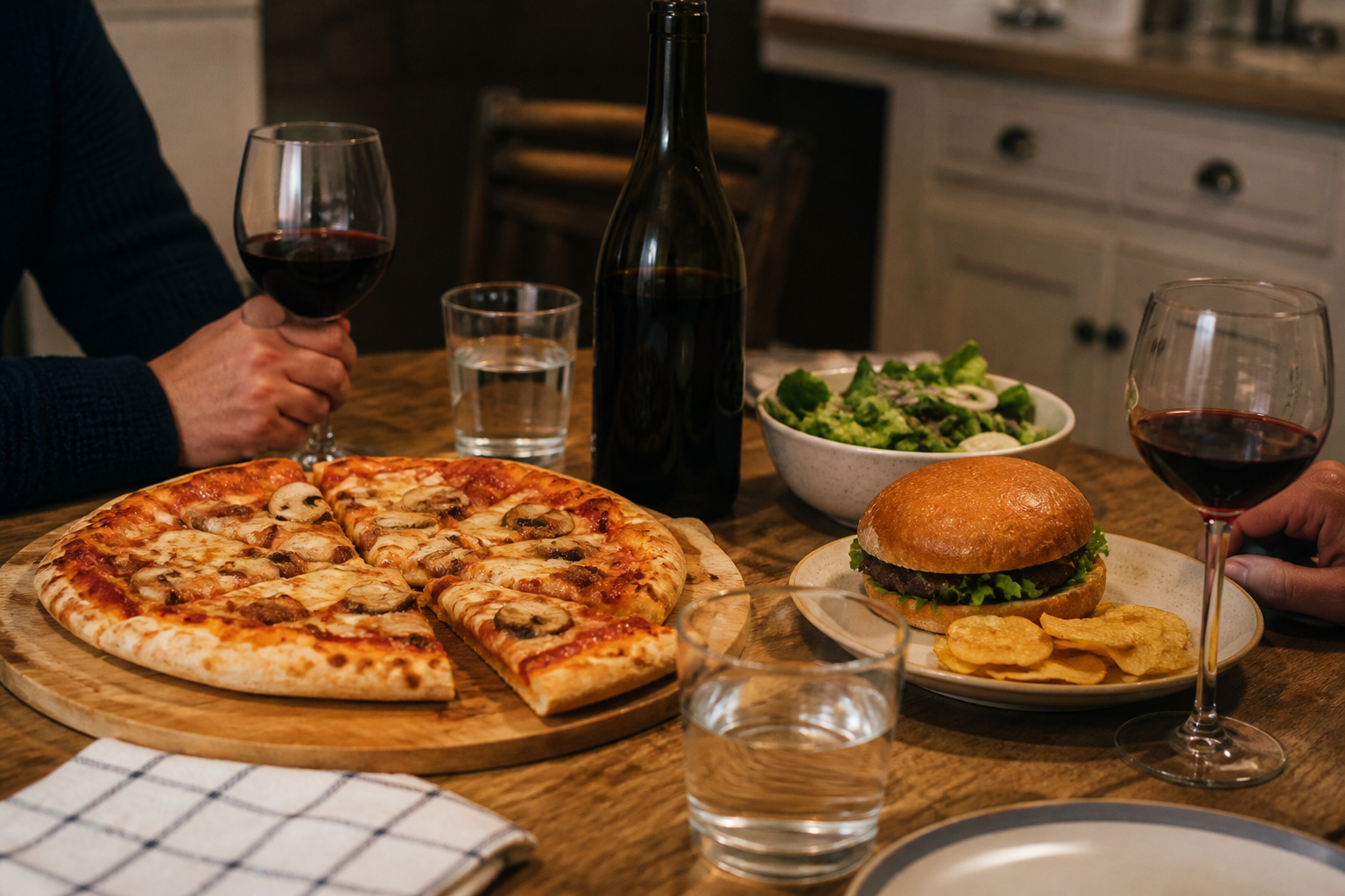 Pizza, a burger, salad, water, and red wine on a casual kitchen table
