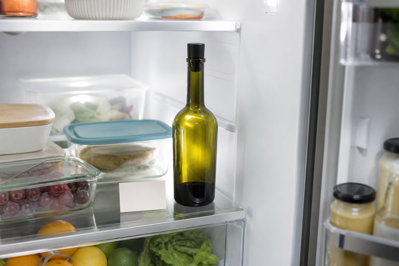 Opened wine bottle stored upright with a reusable stopper in a refrigerator